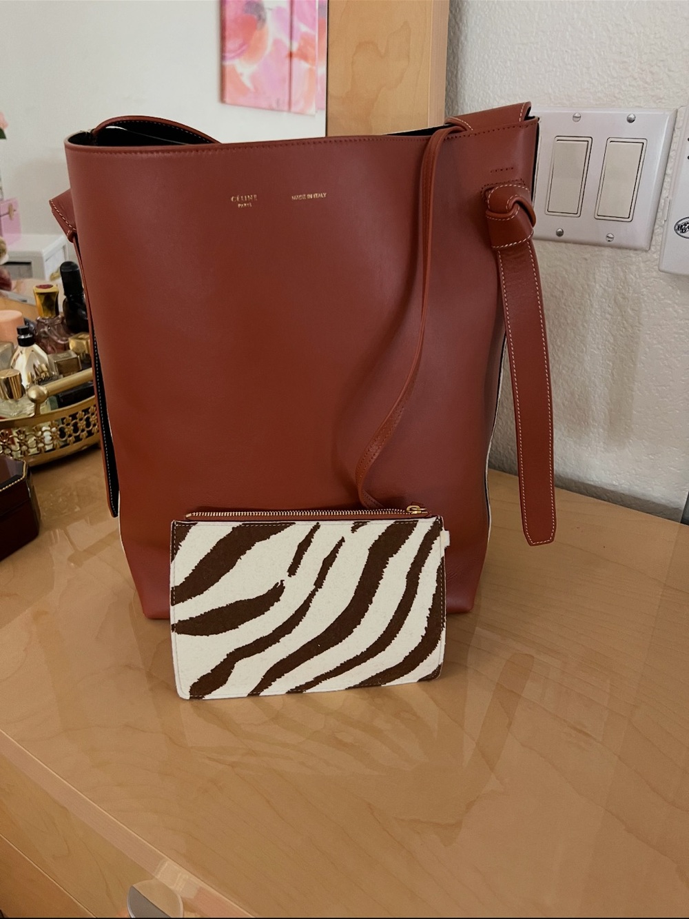 CELINE TWISTED CABAS ZEBRA PRINT LEATHER TOTE BAG WITH DETACHABLE POUCH